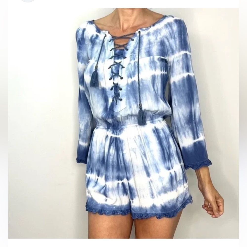 21 American Eagle Blue Tie Dye Romper XXS Lace Up Boho Beach Summer Cottagecore